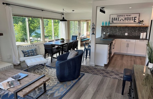 Troutman House | COOPER'S POINT. Lakefront on sandy beach w/private dock, paddleboards, kayaks.