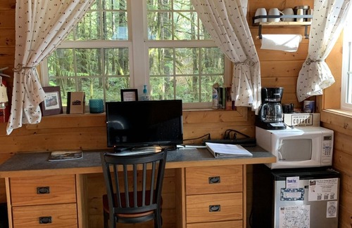 Ashford Cabin | Experience a custom built tiny home cabin near Mt Rainier National Park. It sleeps up to three! Firepit, access to shared hot tub, walking distance to Copper Creek Restaurant