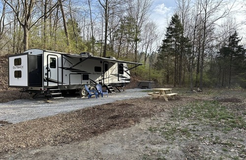 Carterville RV Rental | Experience Glamping in style. private Hot tub spa! Private lake -Pet Friendly