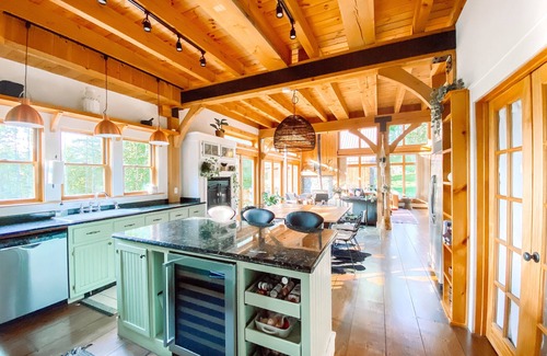 Morrisville House | Modern Post & Beam near Stowe Village with Mountain Views and Private Waterfall