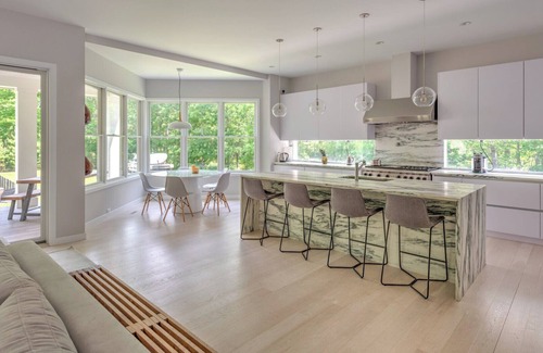 Amagansett North House | Modern-style home with heated private pool, open-floor plan, ample natural.