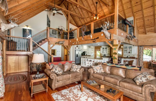 Rutherfordton Cabin | Riverside opulence with game room, private heated pool, hot tub & firepit