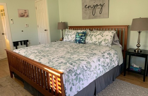 Courtenay Apartment | Sunny suite near the ocean! Private entrance, gas fireplace, king size bed.