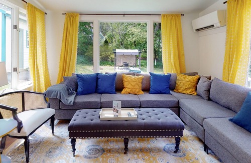 Bath House | Updated, dog-friendly home with two living areas, firepit, washer/dryer, & patio