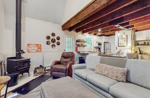 West Hartford Condo | Walk-to-village end-unit condo, mountain views, large deck, woodstove, bbq, a/c