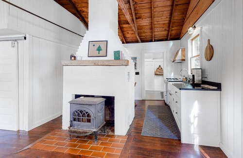 Camden Cottage | Wooded home on the pond with WiFi, wood stove, full Kitchen, loft, bunks, & dock