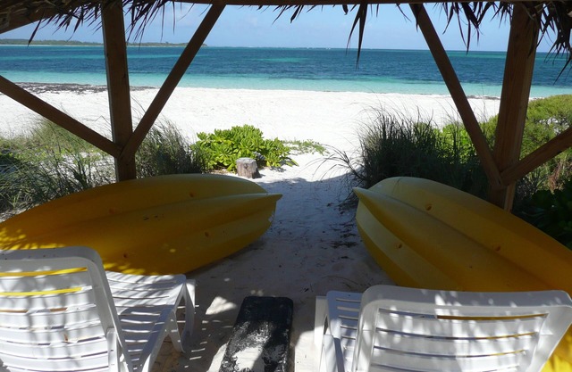 A luxury beachfront villa, surrounded by palms, with superb views of Winding Bay