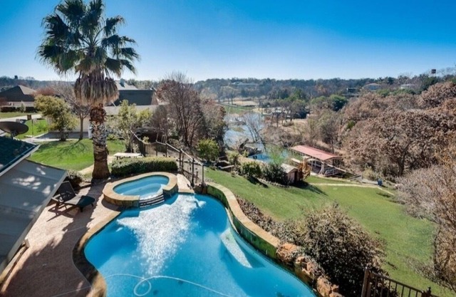 A summer boat dock & a pool