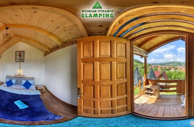 Blue bungalow Bosnian pyramid glamping