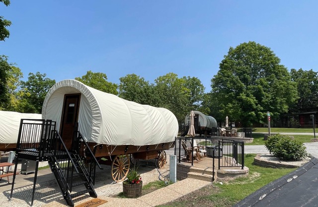 California Trail Wagon includes 1 king bed, bathroom w/shower, heat & a/c, smart tv, wi-fi, microwa