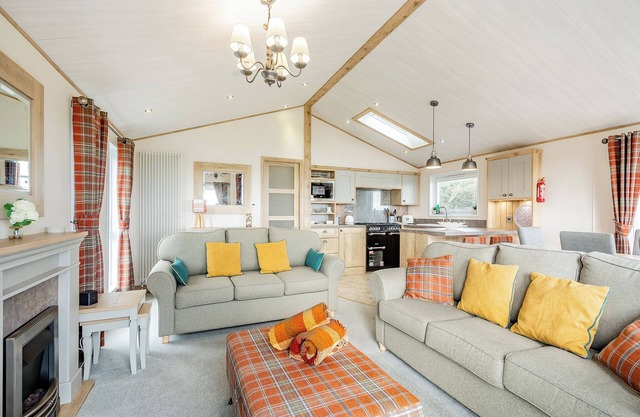 Country and modern cladded lodge with sea views.