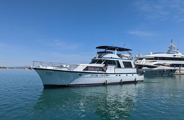 "El Don" is a 65ft Classic Hatteras luxury yacht docked in La Paz, Mexico.
