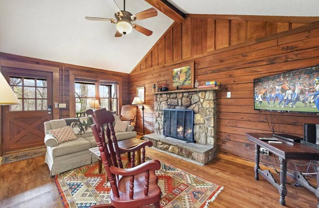 Modern Log Cabin with Fireplace on River
