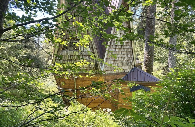 Organic-mod mid-century A-frame gem in pristine coastal forest setting