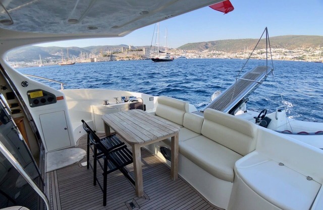 Stay at a luxury crewed 2011 Azimut 55 Fly yacht in Bodrum 3 cabins for 6 guests