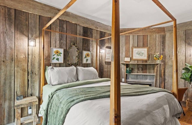Wood-Paneled Room | 4-Poster Bed | Smoky Mountain Stay