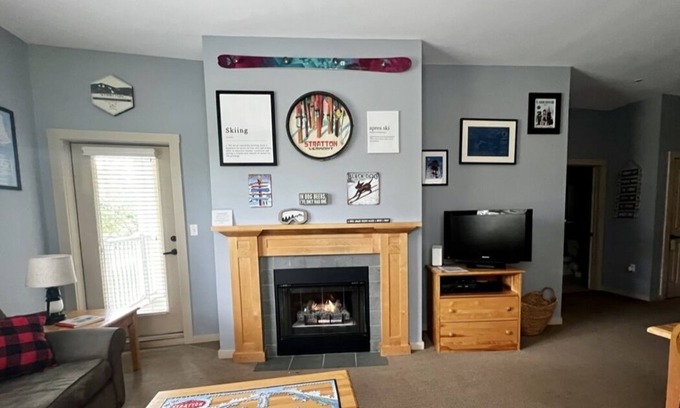 Stratton Mountain Condo | 5 minute walk to lifts and Stratton Village! Cozy fireplace with a private patio