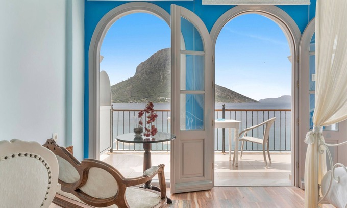 Massouri Apartment | Apartment 'Afroditi with Sea View Balcony' with Private Terrace, Wi-Fi and Air Conditioning