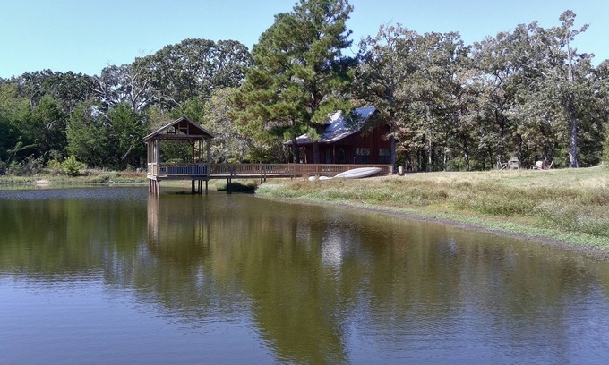 Canton Cabin | Cozy 2-Story Cabin on Pond with Dock on a Spacious Homestead Retreat