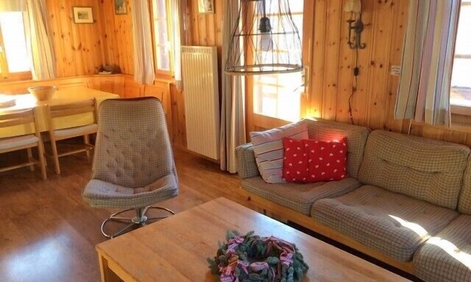 St. Luc Ski Chalet | Outside : chalet for 7 persons in the heights of St-Luc , terrace with garden furniture -Interior :