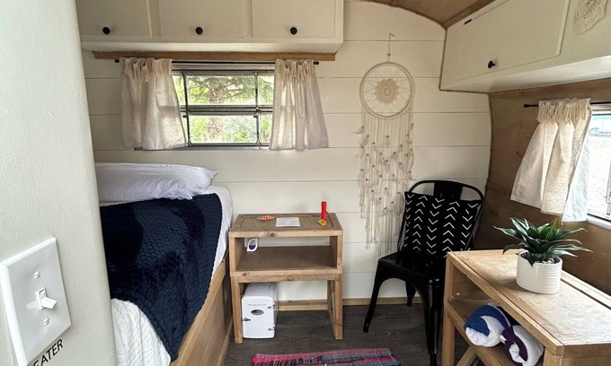 Lava Hot Springs House | Retro Camper king size bed