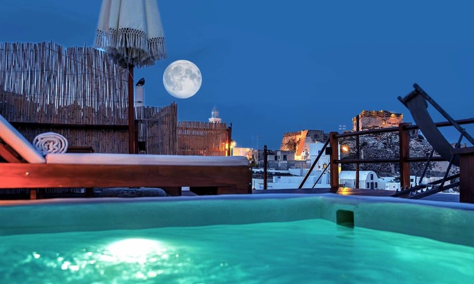 Akrotiri Apartment | Santorini Rooftop Hot Tub Suite w Panoramic Views