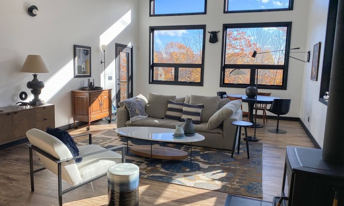 Lucerne-in-Maine Apartment | Secluded retreat, modern luxury loft, Phillips Lake, Maine, close to Acadia.