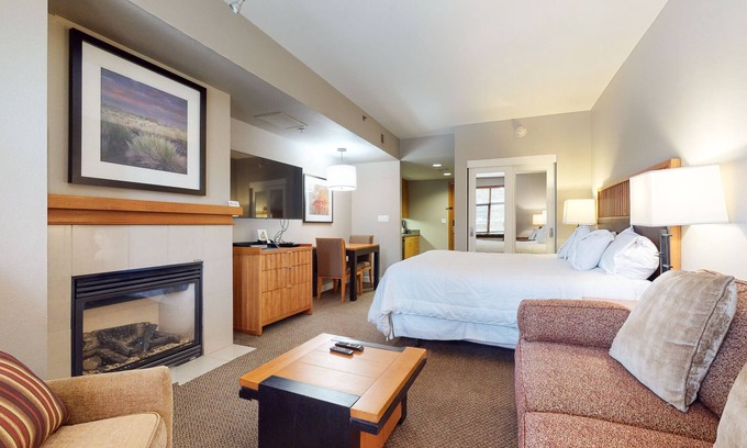 Mammoth Lakes Condo | Studio in Luxury Hotel, Right Across The Village. Pool & EV Charging Station