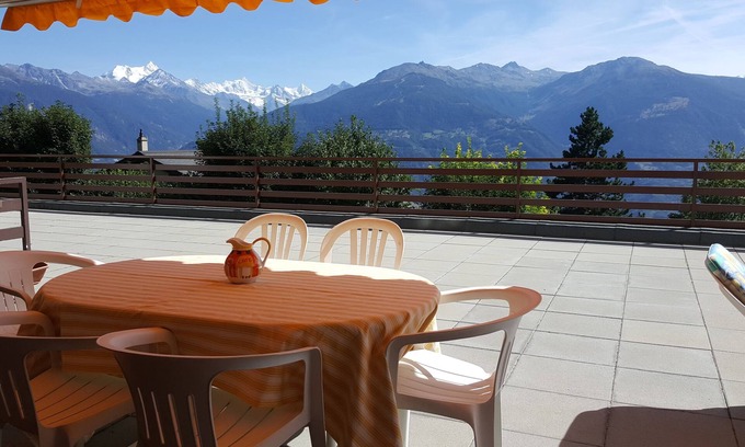 Randogne Apartment | Sunny 2 bedroom apartment with large terrace, stunning views & indoor pool
