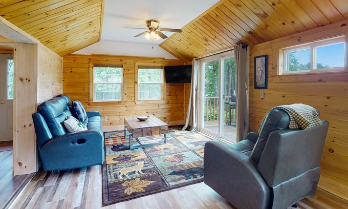 Belfast Cabin | Tranquil lake view cabin with fireplace, gas grill, WiFi, smart TV, & deck