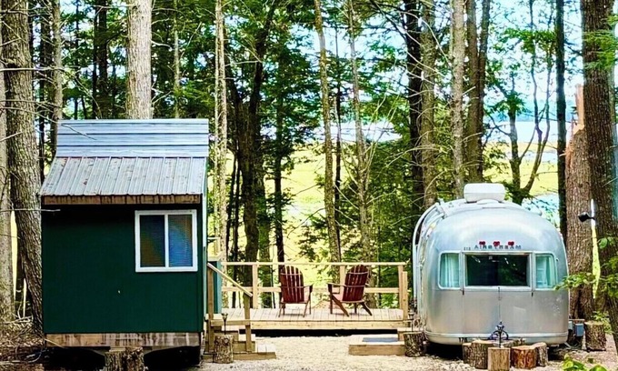 Mariaville Cabin | Vintage Downeast Airstream + Tiny House A-Frame Cabin near Acadia, Fabulous View