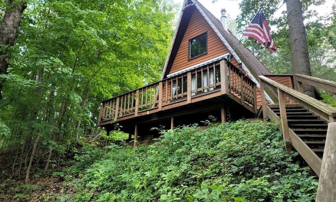 Luther Cabin | Secluded A-Frame Cabin with Private Riverfront on Little Manistee River near Tustin, Michigan